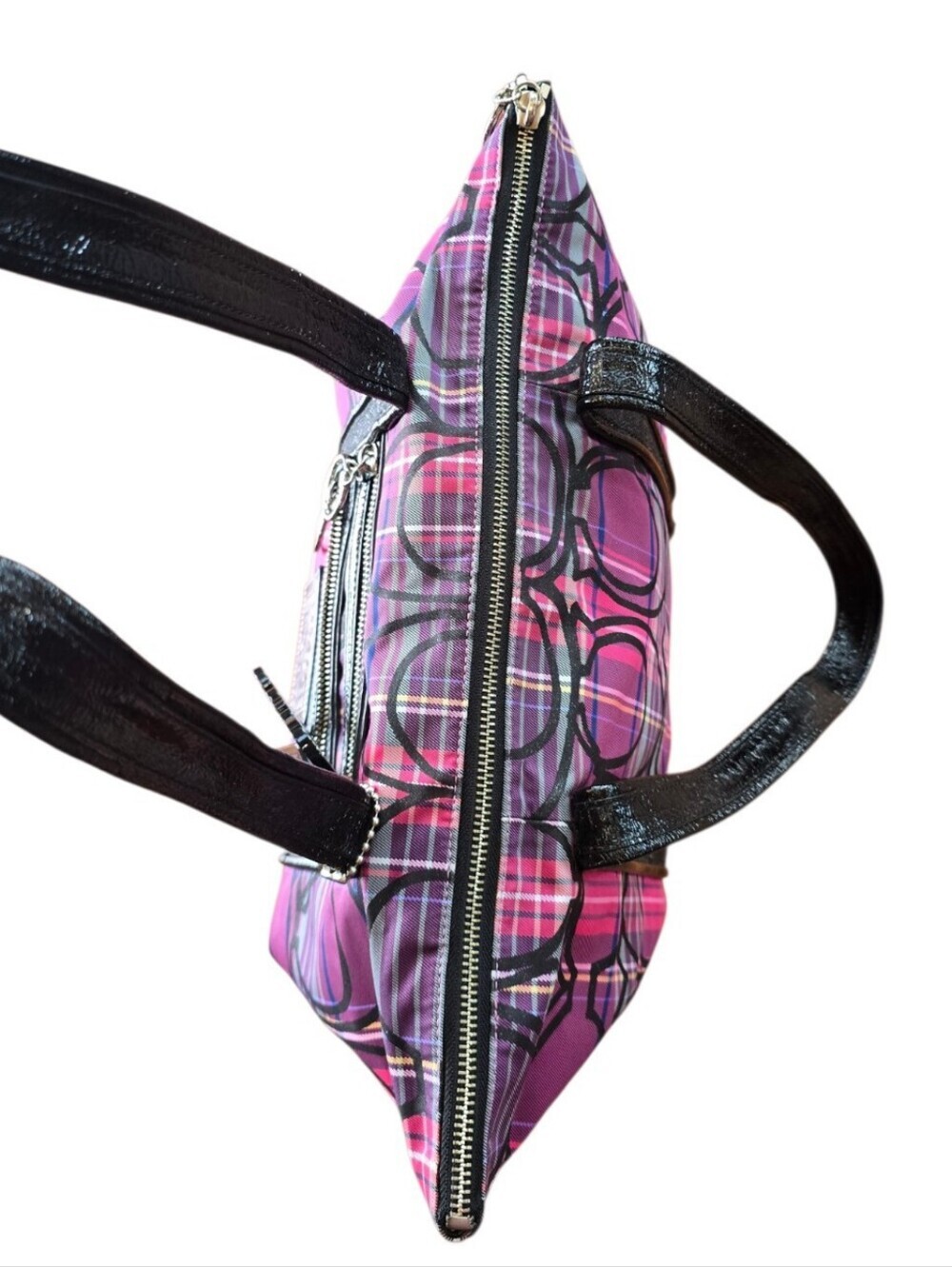 Coach Poppy Tartan Plaid Glam Purple Magenta Black Tote Bag - Picture 8 of 16
